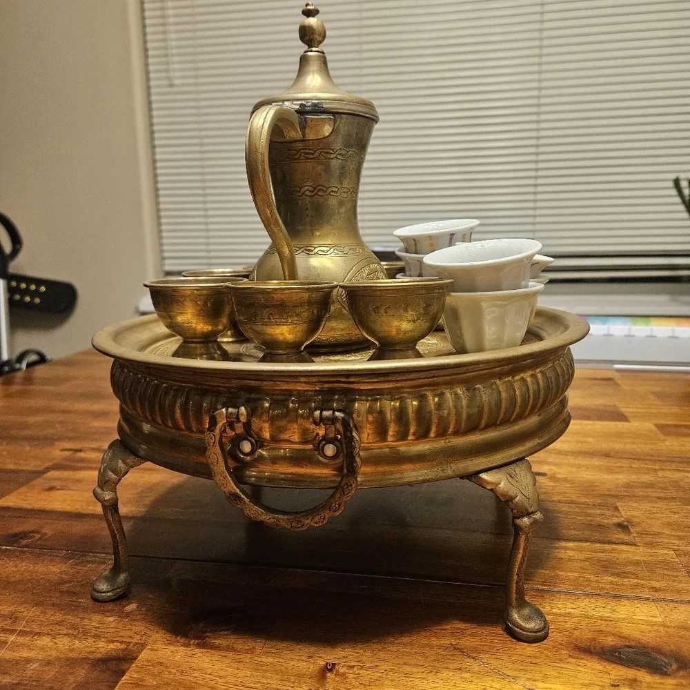 Brass Tea Set Arabian Jewish Coffee Pot Antique Set of 11 Cups w/ Tray Tea Pot